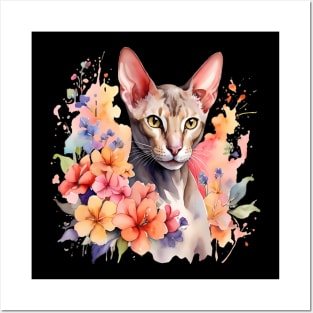 An oriental shorthair cat decorated with beautiful watercolor flowers Posters and Art